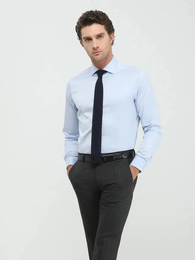 Kip Blue Plain Regular Fit Weaving Classical 100% Cotton Shirt