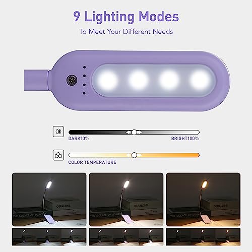 VAVOFO Rechargeable Book Light for Reading in Bed Kids, 7 LED Reading Light with 9-Level Warm Cool White Daylight, Eye Care Lamp with Power Indicator for Bookworms (Purple) - Image 3