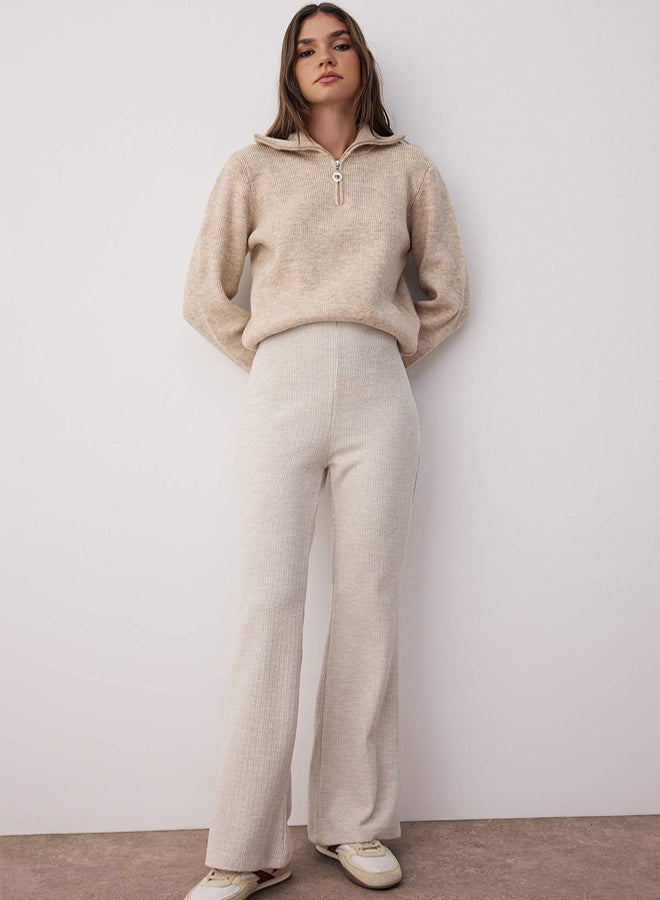 trendyol Beige Brushed Pointel High Waist Stretch Knitted Trousers - Image 1