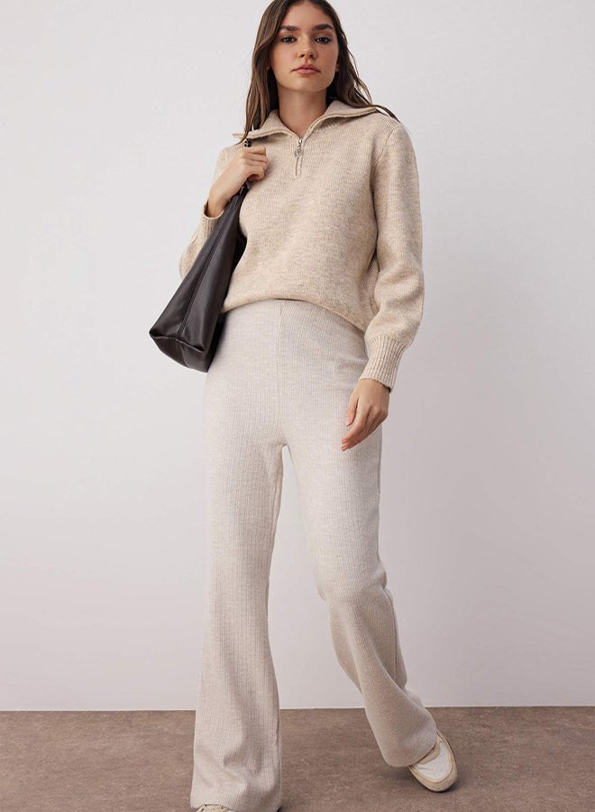 trendyol Beige Brushed Pointel High Waist Stretch Knitted Trousers - Image 2