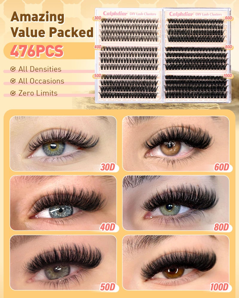 calphdiar Calphidar Eyelash Clusters 30D+40D+50D+60D+80D+100D, DIY Curly Wispy Individual Natural Lash Extension for Beginners, 476PCS D, 10-16MM - Image 2