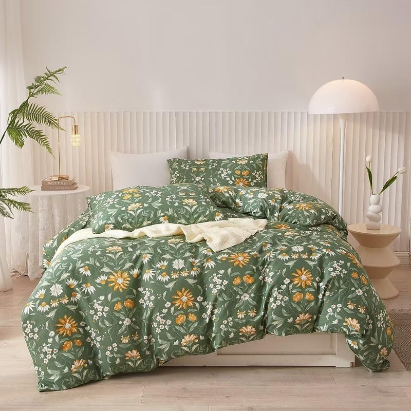 Ruccit Green Floral Duvet Cover Set Double 100 Cotton Duvet Cover Double Bed 3pcs Garden Yellow White Flowers Bedding Set with Zipper Closure Corner TiesSoftDurableEasy Care