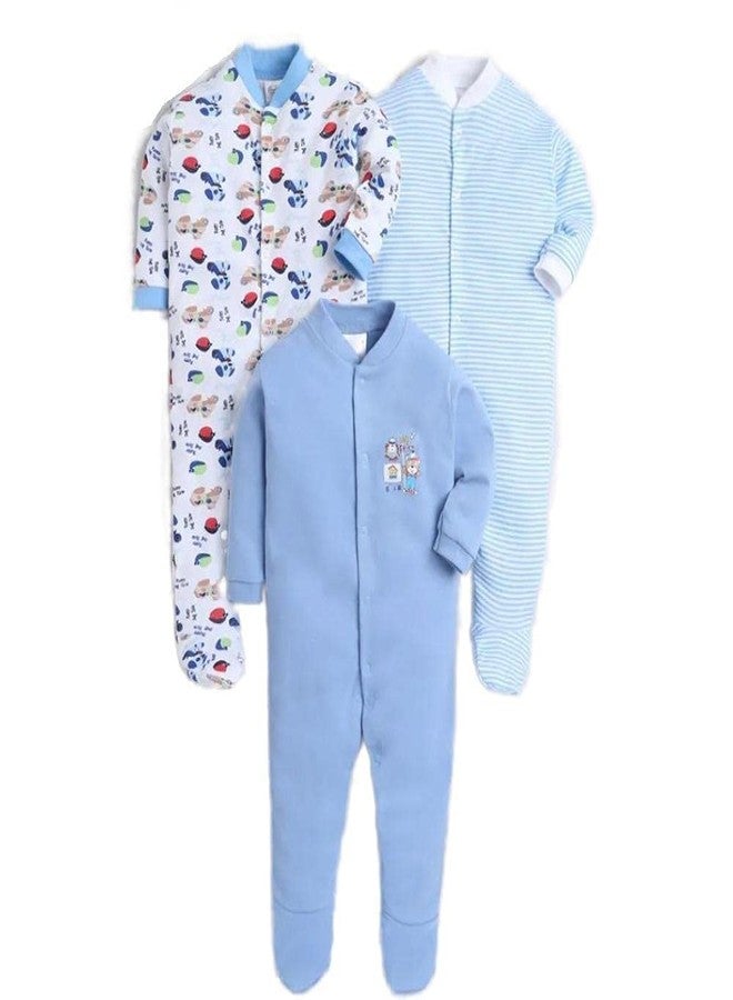 EIO 100% Cotton Rompers/Sleep Suits/Jumpsuit/Night Suits for Baby Boys & Girls, Infants, New Born Combo Pack Blue - Image 1