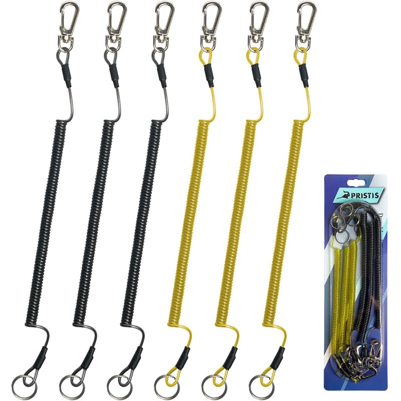 Pristis 6 pcs Fishing Coiled Lanyards, Heavy-duty Retractable Keychain Pole Tether, Stretchy Safety Leash with Steel Wire & Carabiner, Board Rod Strap Accessory for Tools Gear Kayak, Black & Yellow - Image 1