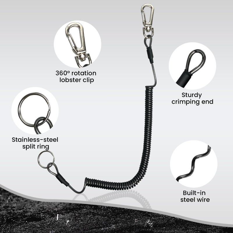 Pristis 6 pcs Fishing Coiled Lanyards, Heavy-duty Retractable Keychain Pole Tether, Stretchy Safety Leash with Steel Wire & Carabiner, Board Rod Strap Accessory for Tools Gear Kayak, Black & Yellow - Image 2