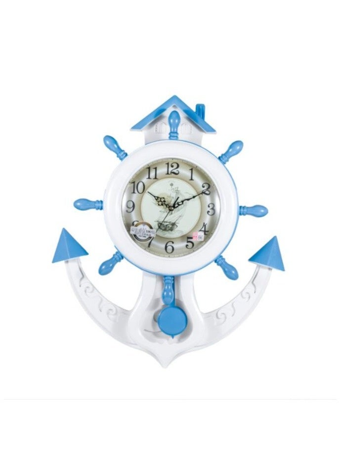 This Blue-And-White Wall Clock Is Shaped Like An Anchor And Ship Wheel, With A Small House Decoration On Top, Full Of Fresh Mediterranean Ocean Style.