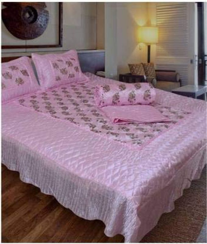 SATIN GOLD PRINTED 310 TC WEDDING BEDDING SET BEDSHEET WITH 2 PILLOW COVERS 1 AC COMFORTER FOR HOME LIVING ROOMSET OF 4PC HATHIELEPHANT PRINTPINK