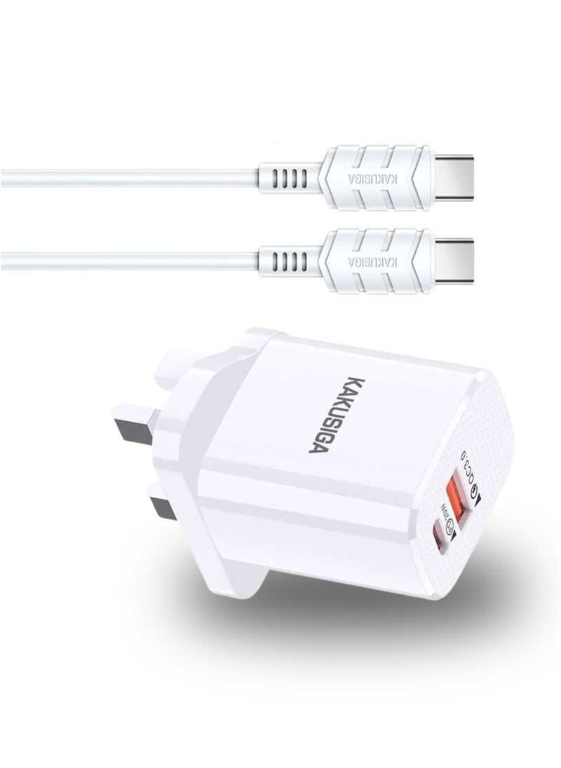 KAKUSIGA USB C to C Charger, iPhone Charger, 20W Dual Port USB Fast Charger, Type A and PD Charger for iPhone 16/16 Pro/16 Pro Max/15/14/13/12, iPad Pro/AirPods, Samsung S25/S24/S23 and More (USB-C Cable Included) White  - Image 1