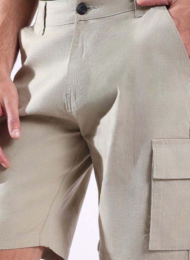 Hence Men Slim Fit Cargo Shorts in Green with 6 Pockets - Image 5