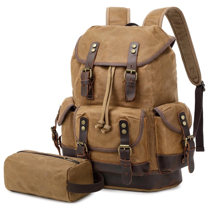Wogarl Leather Backpack for Men, Waxed Canvas Vintage Backpack Rucksack for Business College Travel Hiking Shoulder Daypacks With Toiletry Bag(Khaki) - Image 1