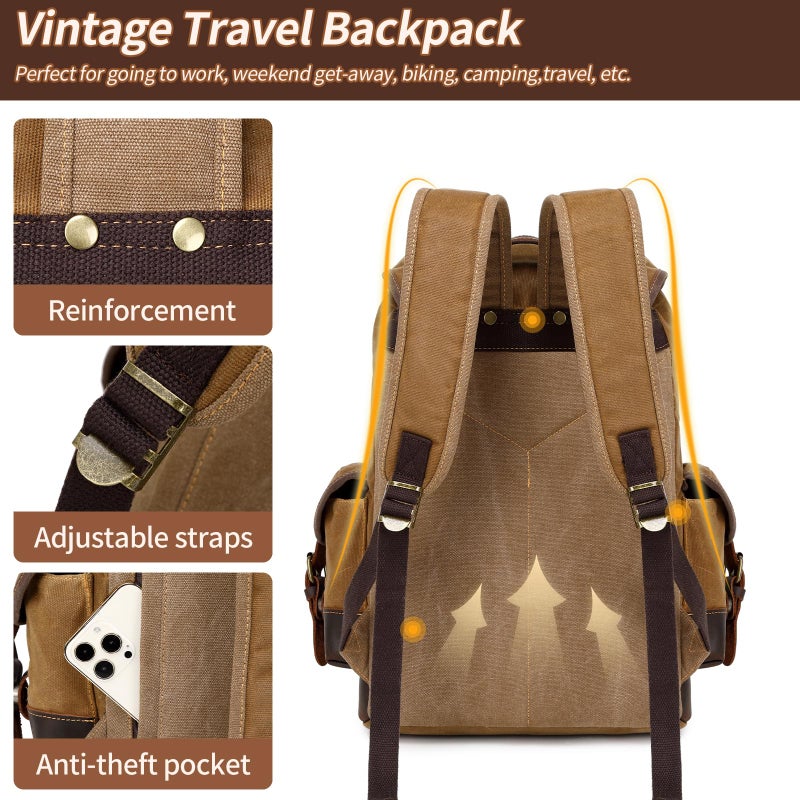 Wogarl Leather Backpack for Men, Waxed Canvas Vintage Backpack Rucksack for Business College Travel Hiking Shoulder Daypacks With Toiletry Bag(Khaki) - Image 4
