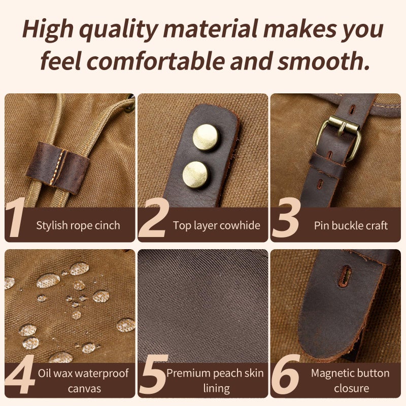 Wogarl Leather Backpack for Men, Waxed Canvas Vintage Backpack Rucksack for Business College Travel Hiking Shoulder Daypacks With Toiletry Bag(Khaki) - Image 5