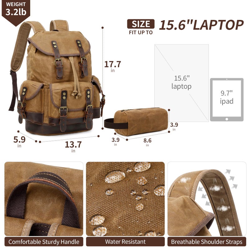Wogarl Leather Backpack for Men, Waxed Canvas Vintage Backpack Rucksack for Business College Travel Hiking Shoulder Daypacks With Toiletry Bag(Khaki) - Image 2
