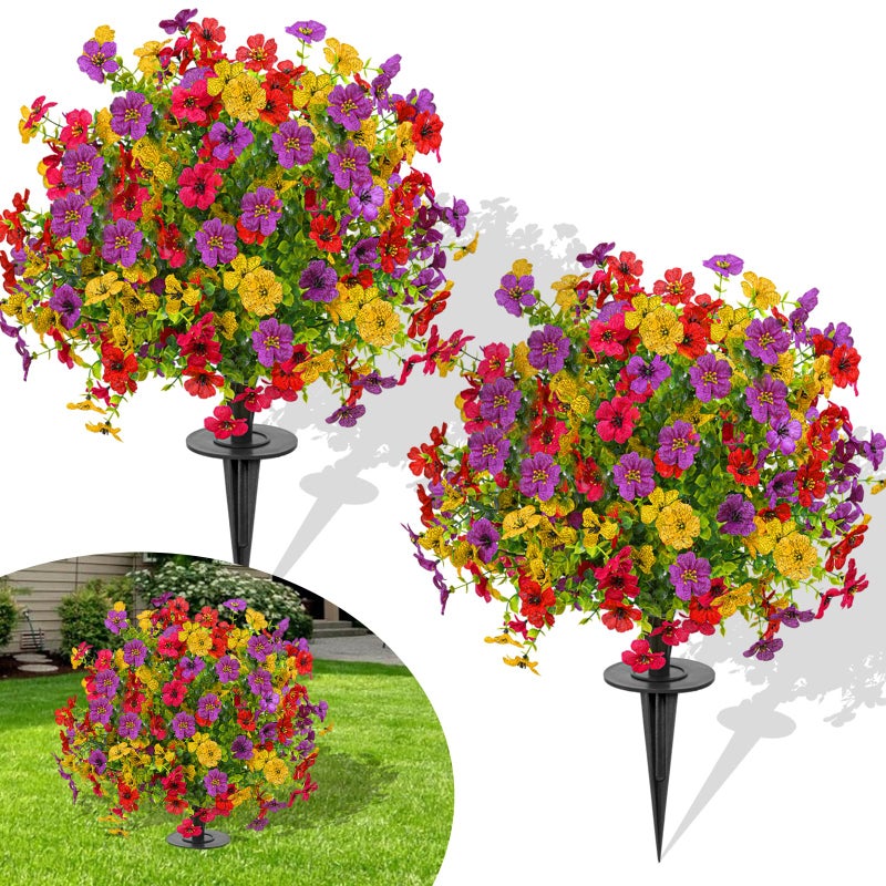 FAJUNZH 23" Set of 2 Artificial Boxwood Topiary Ball with Violet Flowers with Spikes, UV Resistant Faux Greenery Shrubs, Realistic Fake Bushes Plants for Garden, Yard, Front Porch, (Colorful Violet) - Image 1