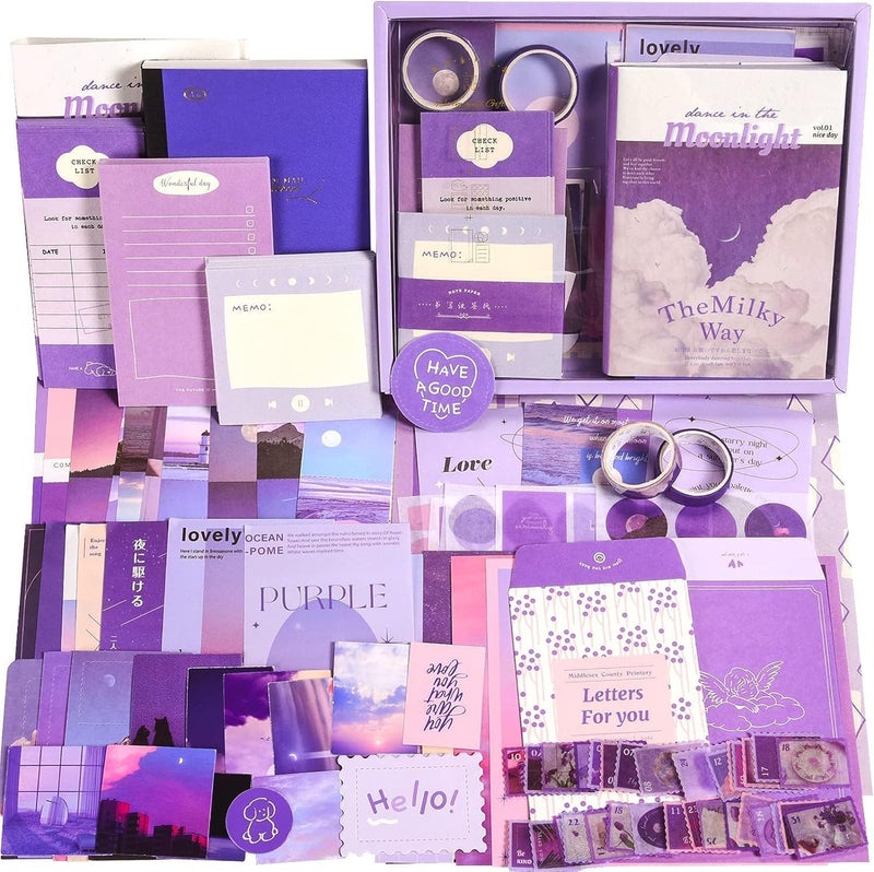 PRYFIL 346Pcs Vintage Journal Scrapbook Pack Kit for Art Journaling Bullet, Planners DIY Paper Stickers, Craft Kits Notebook, Collage Album Aesthetic Sticker (Moonlight, Purple)  - Image 1