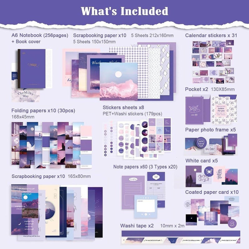 PRYFIL 346Pcs Vintage Journal Scrapbook Pack Kit for Art Journaling Bullet, Planners DIY Paper Stickers, Craft Kits Notebook, Collage Album Aesthetic Sticker (Moonlight, Purple)  - Image 2