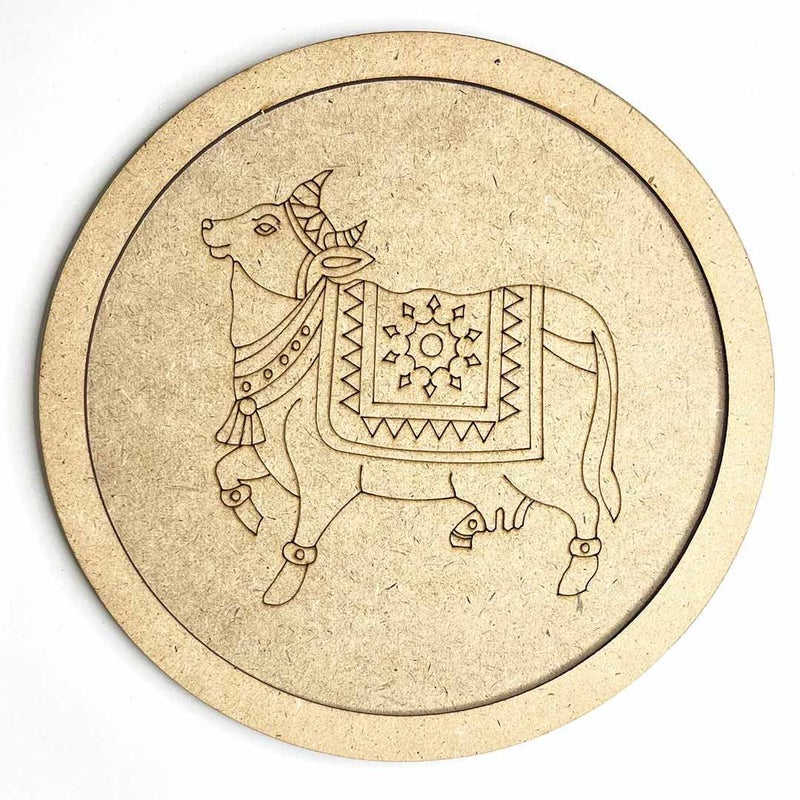 TANGYOAK Pichwai Cow Mdf Design Engraved Wall Plate With Frame DIY Craft Set Of 6 - Image 1