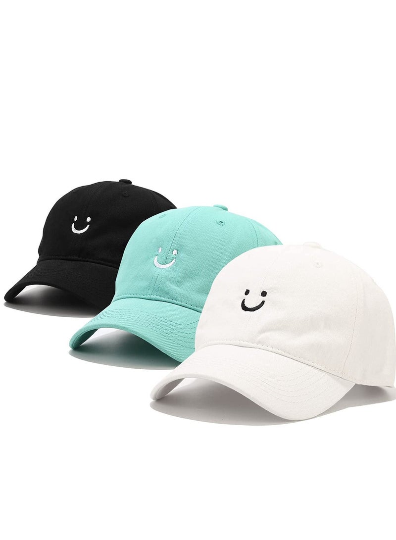 SYOSI Smiley Face Cotton Baseball Cap 3 Pack Adjustable Low Profile Unstructured Dad Hat for Women Men Versatile Washed with Ponytail Hole High Messy Bun Ponycap - Image 1