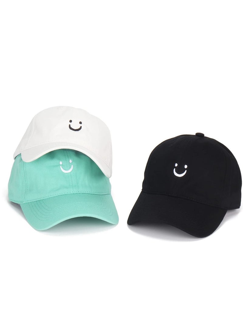 SYOSI Smiley Face Cotton Baseball Cap 3 Pack Adjustable Low Profile Unstructured Dad Hat for Women Men Versatile Washed with Ponytail Hole High Messy Bun Ponycap - Image 3