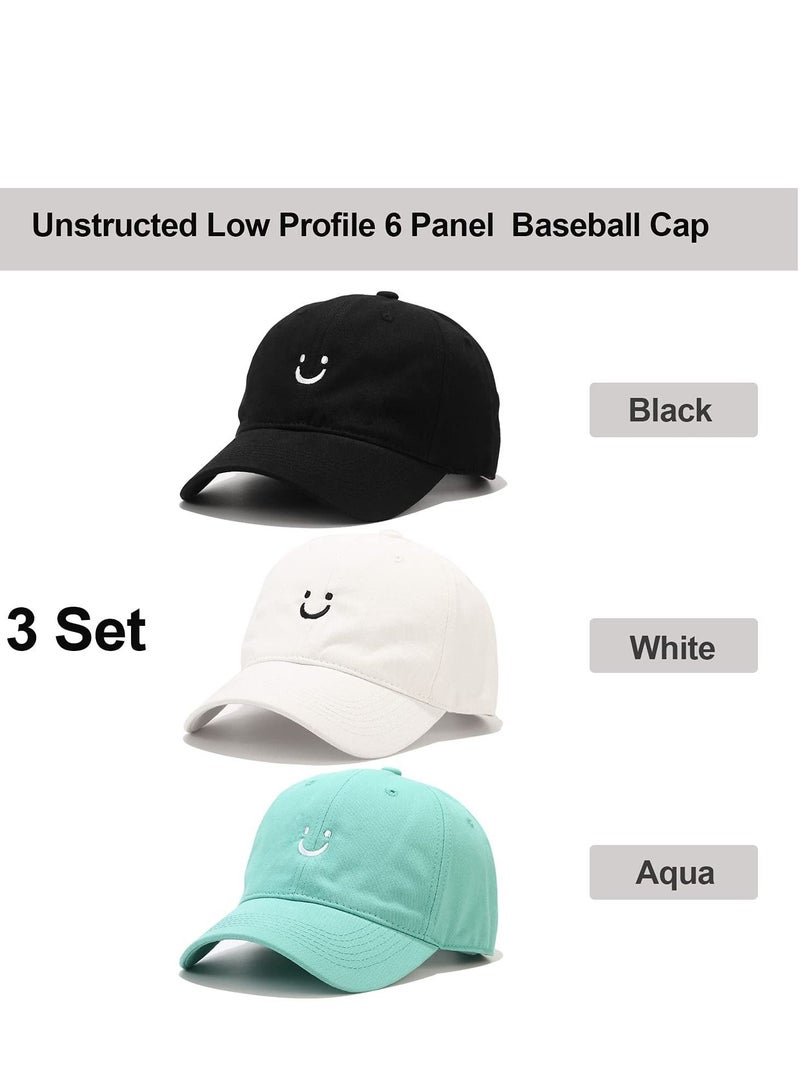 SYOSI Smiley Face Cotton Baseball Cap 3 Pack Adjustable Low Profile Unstructured Dad Hat for Women Men Versatile Washed with Ponytail Hole High Messy Bun Ponycap - Image 2