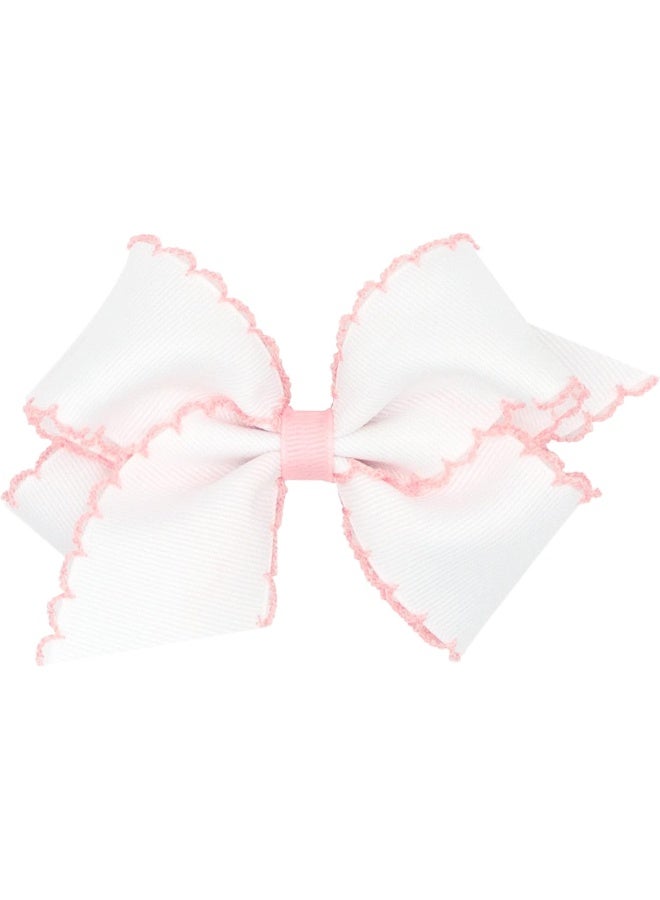 Wee Ones Girls' Classic Grosgrain Moonstitch Edge Hair Bow on a WeeStay Hair Clip, Contrasting Edge, Small, White with Light Pink - Image 1