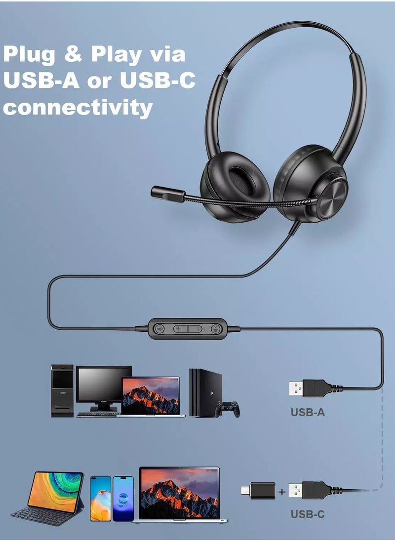 New Bee - H368 USB Headset with Microphone for PC, Computer Headset with Mic, Wired Headset with USB-A & USB-C, Mute, in-Line Controls Call Center Headset for Work PC Laptop Office Phone Meeting Zoom Skype - Image 1