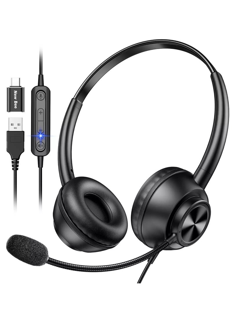 New Bee - H368 USB Headset with Microphone for PC, Computer Headset with Mic, Wired Headset with USB-A & USB-C, Mute, in-Line Controls Call Center Headset for Work PC Laptop Office Phone Meeting Zoom Skype - Image 1