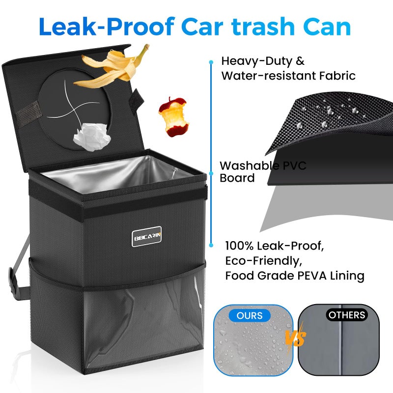 Beicarin Car Trash Can with Lid - Trash Bag Hanging with Storage Pockets Leak-Proof Organizer Collapsible and Portable Waterproof Garbage Bin, 2.2 Gallons Multipurpose Trash Bin for Car - Image 4