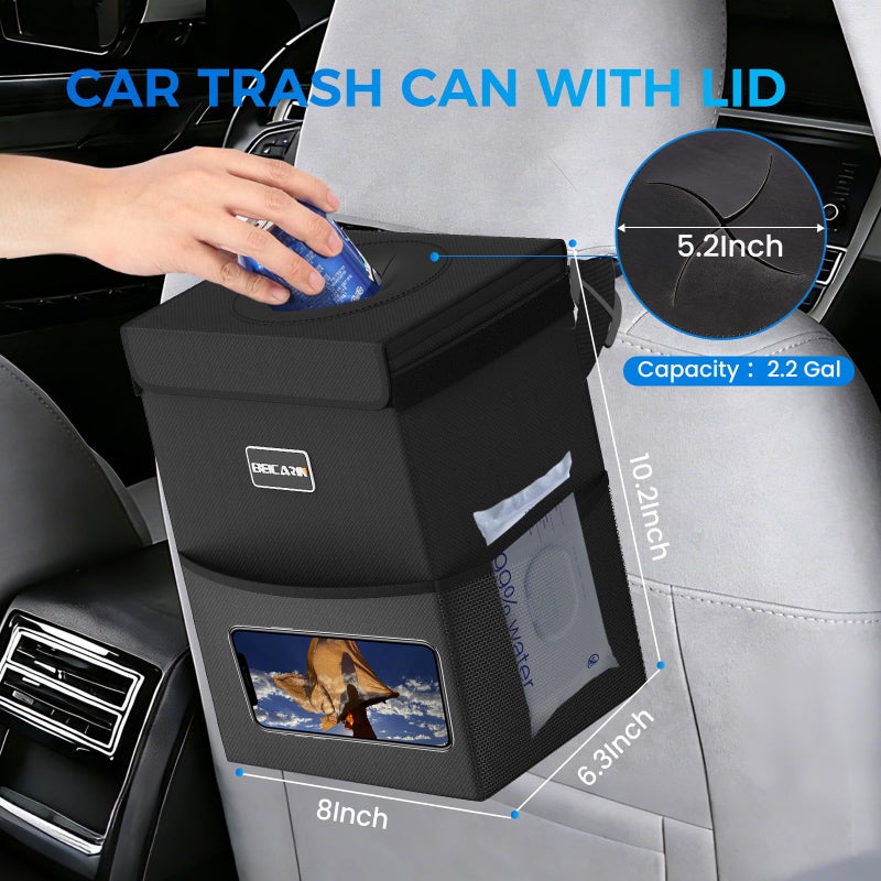 Beicarin Car Trash Can with Lid - Trash Bag Hanging with Storage Pockets Leak-Proof Organizer Collapsible and Portable Waterproof Garbage Bin, 2.2 Gallons Multipurpose Trash Bin for Car - Image 2