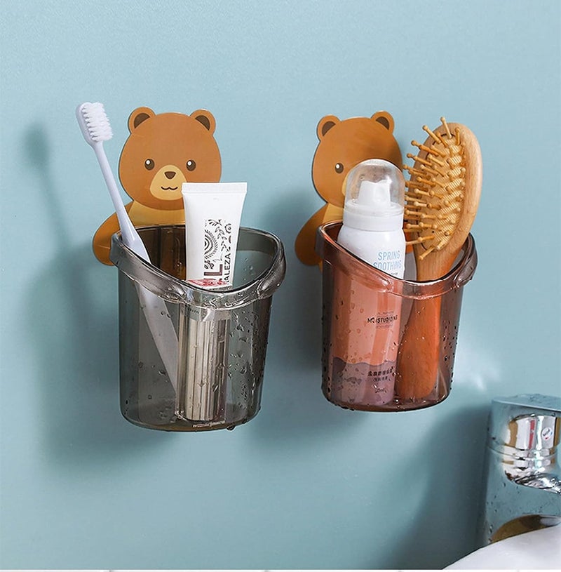 Plastic Teddy Bear Toothbrush Holder Set of 2, Self-Adhesive Stand for Toothpaste, Comb, Brush, Cream, Lotion, 15 cm - Image 3
