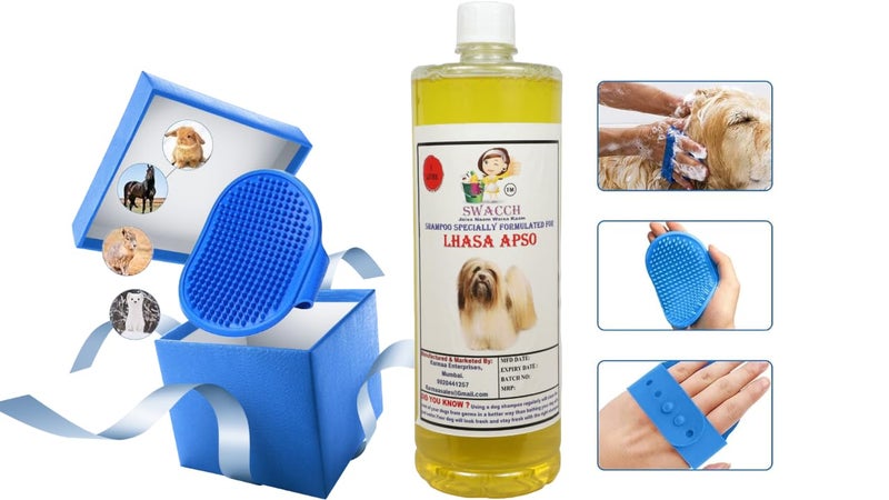 swacch Shampoo | Puppy Safe Shampoo | PH Balanced | Lhasa Apso Dog Shampoo 1 Litre Lemon + | Rubber Bath Brush with Adjustable Straps | Pet Massage | Soothing Bristles Hand Brush I Combo Pack - Image 2