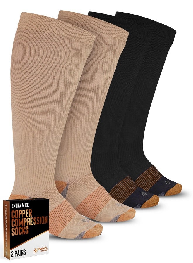 Doctor's Select® Copper Plus Size Compression Socks Wide Calf - 2 Pairs | 20-30mmHg Extra Wide Calf Compression Sock Women |Traveling & Running | Tan /cppr-3XL - Image 1