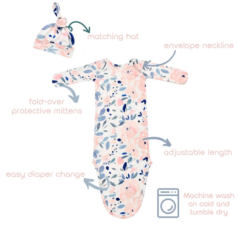 Vollmic Newborn Baby Cotton Sleeper Knotted Gown with Mittens Long Sleeve Nightgown Coming Home Outfit with Hat 2 Pieces (Light Pink and Ink Pink, 0-3 Month) - Image 2
