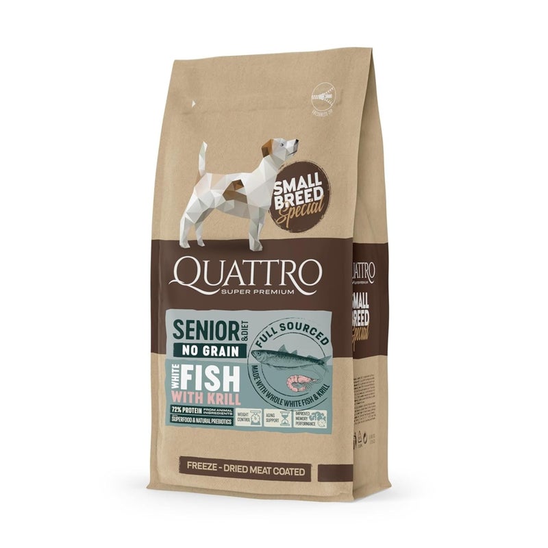 Quattro Super Premium Senior/Light Dog Food for Mini Breeds - White Fish & Krill, 1.5 kg - Image 1