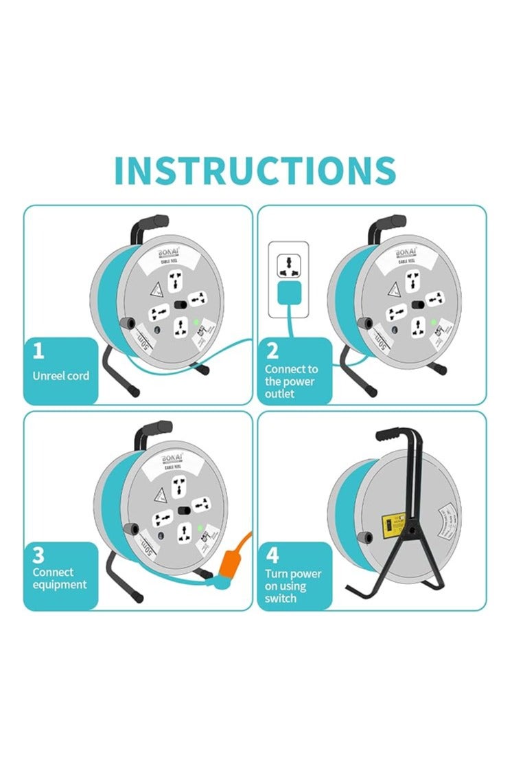 Bonai 25-Meter-2Core x 2.5mm Extension Reel: Power Your Space Safely and Efficiently with 4 Sockets and Fuse Protection - Image 3