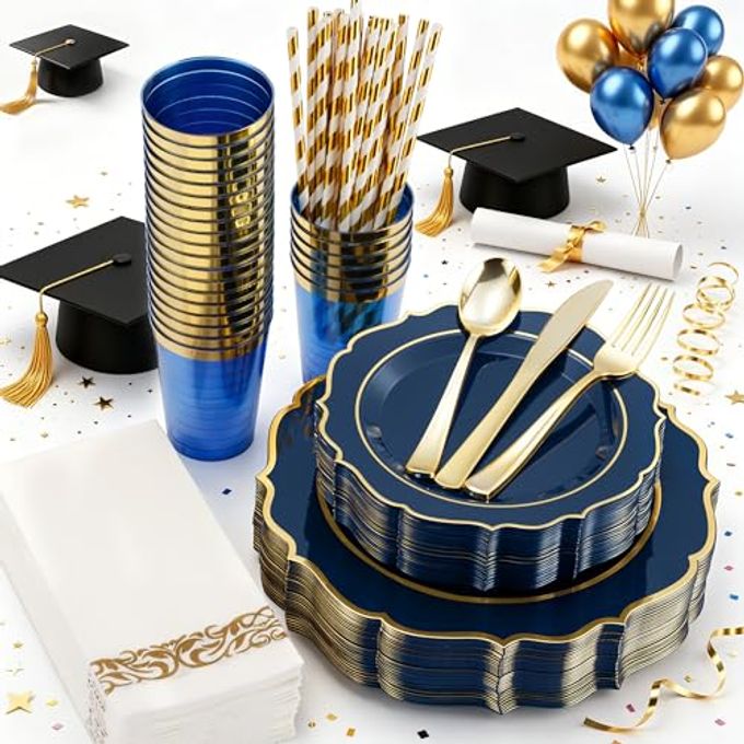 ISFANGCO 200PCS Premium Blue Plastic Plates, Plastic Graduation Plates, Heavy Duty Blue and Gold Disposable Plate, 25 Dinner/Dessert Plates, 75 Silverware Set, 25 Cups, Straws for Party(25 Guests)