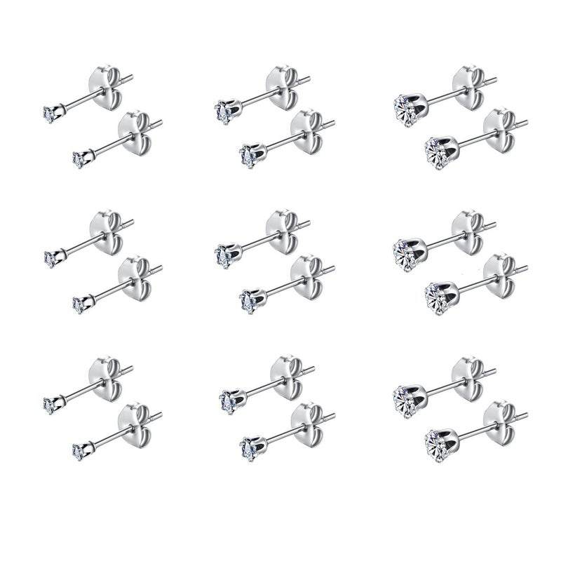 FOSIR Stud Earrings for Women, Stainless Steel 9 Pairs Cubic Zirconia Earrings Studs for Women, Hypoallergenic Earrings Set, 2mm 3mm 4mm - Image 1
