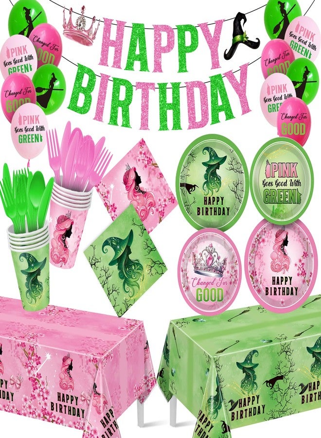 pekeng Pink and Green Birthday Party Decorations 207pcs Disposable Paper Plates & Napkins Set for 24 Guests - Includes Happy Birthday Banner & Cartoon Tablecloth - Image 1