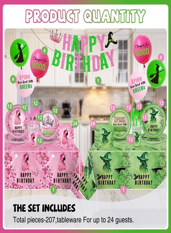 pekeng Pink and Green Birthday Party Decorations 207pcs Disposable Paper Plates & Napkins Set for 24 Guests - Includes Happy Birthday Banner & Cartoon Tablecloth - Image 4