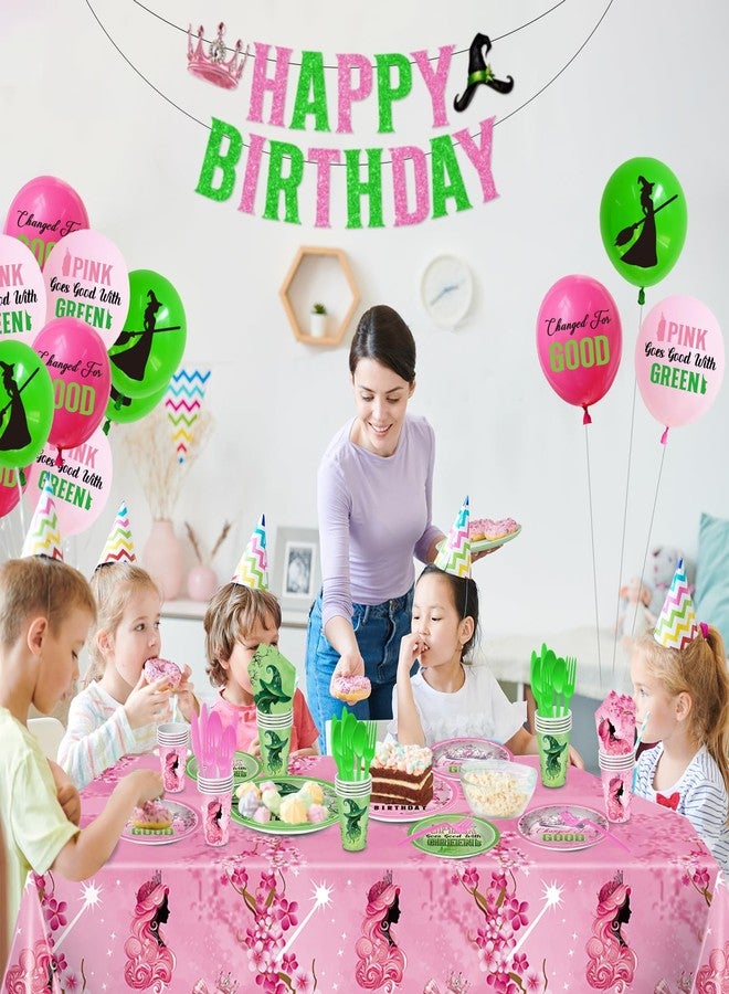 pekeng Pink and Green Birthday Party Decorations 207pcs Disposable Paper Plates & Napkins Set for 24 Guests - Includes Happy Birthday Banner & Cartoon Tablecloth - Image 2