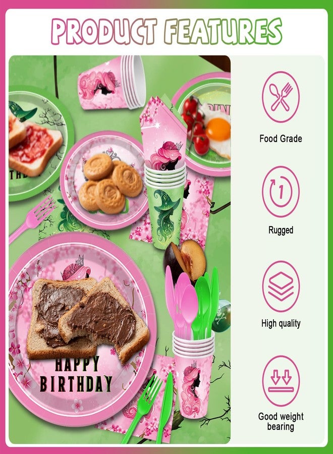 pekeng Pink and Green Birthday Party Decorations 207pcs Disposable Paper Plates & Napkins Set for 24 Guests - Includes Happy Birthday Banner & Cartoon Tablecloth - Image 5