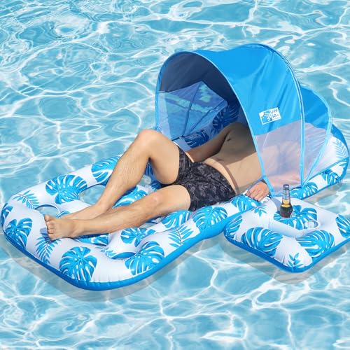 COOLCOOLDEE Inflatable Pool Float with UPF 50 Sunshade CanopyExtra Large Pool Lounger Float for Adult with HeadrestCup Holder - Image 1
