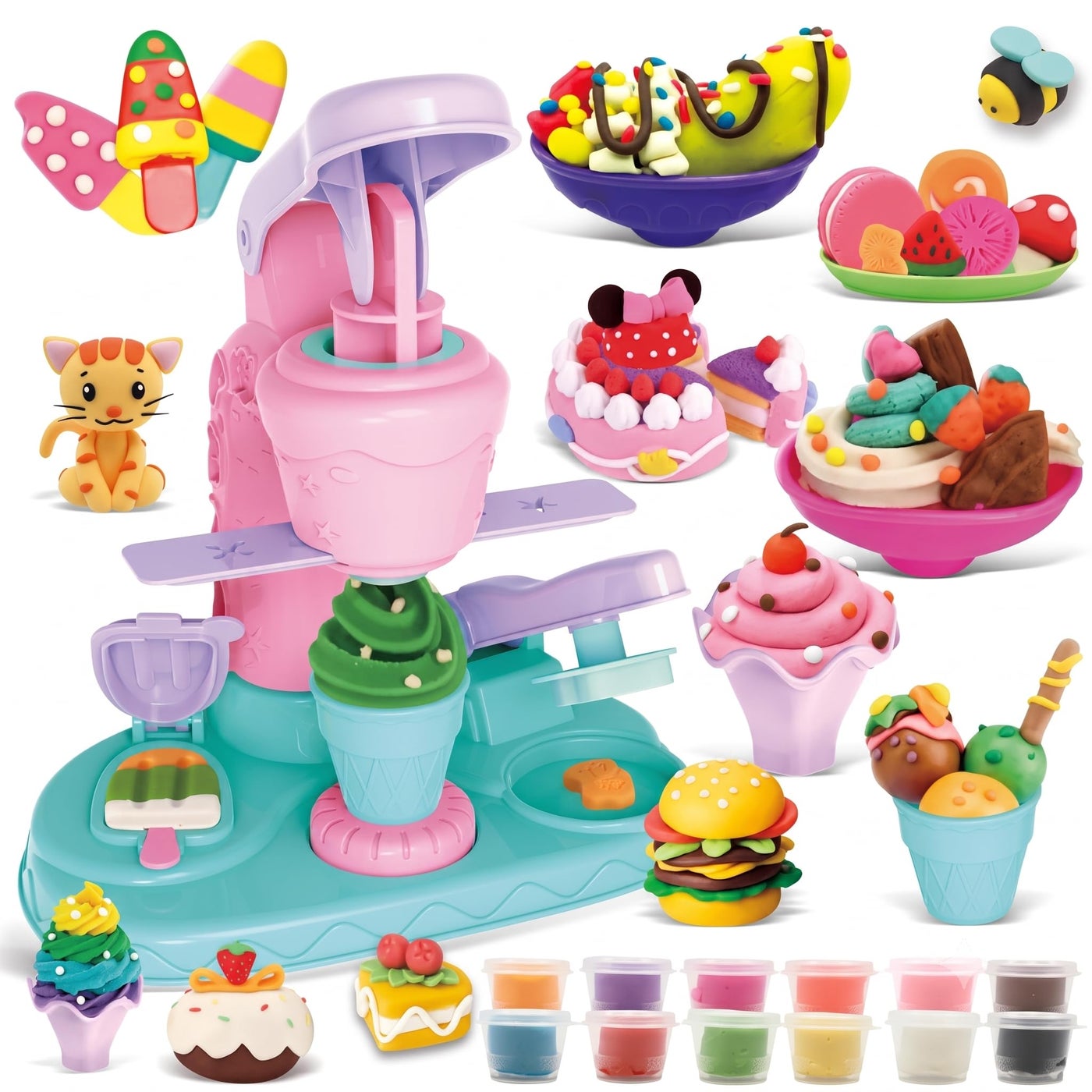 ERTYU Playdough Set for Kids Ages 3-8,Play Dough Tools with Ice Cream Maker Color Play Doh Set,Arts Crafts Playdough Toys for Girls Boys,Pretend Play Kitchen Creations Food Birthday Gifts for Boy Girl