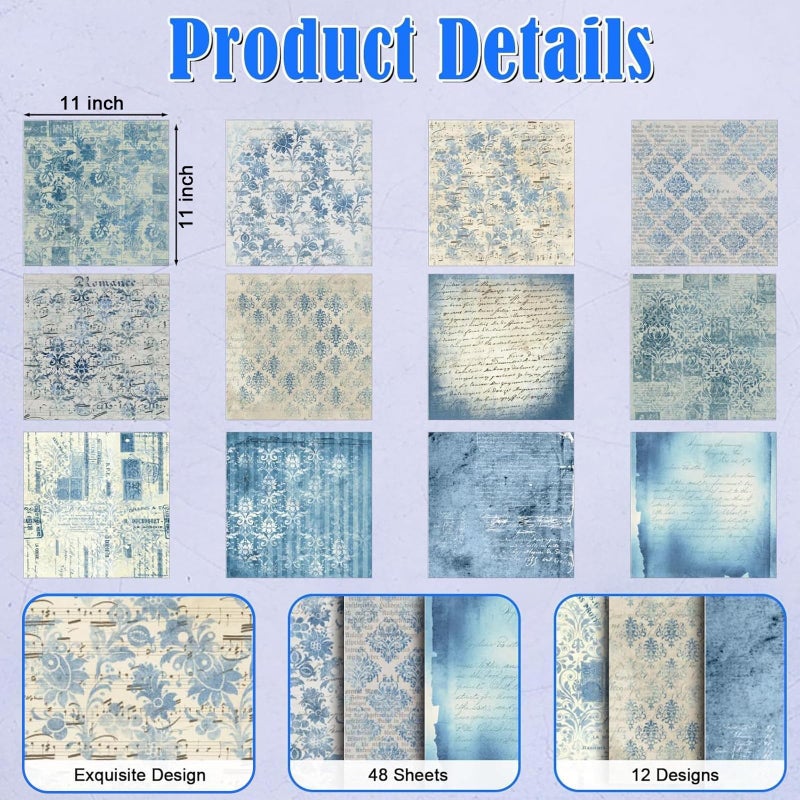 EggSun 48 Sheets Vintage Blue Floral Scrapbook Paper,Retro Blue Pattern Decorative Scrapbook Paper for Junk Journals DIY Cards and Photo Albums,Aesthetic Craft Supplies - Image 3