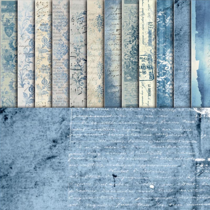 EggSun 48 Sheets Vintage Blue Floral Scrapbook Paper,Retro Blue Pattern Decorative Scrapbook Paper for Junk Journals DIY Cards and Photo Albums,Aesthetic Craft Supplies - Image 1