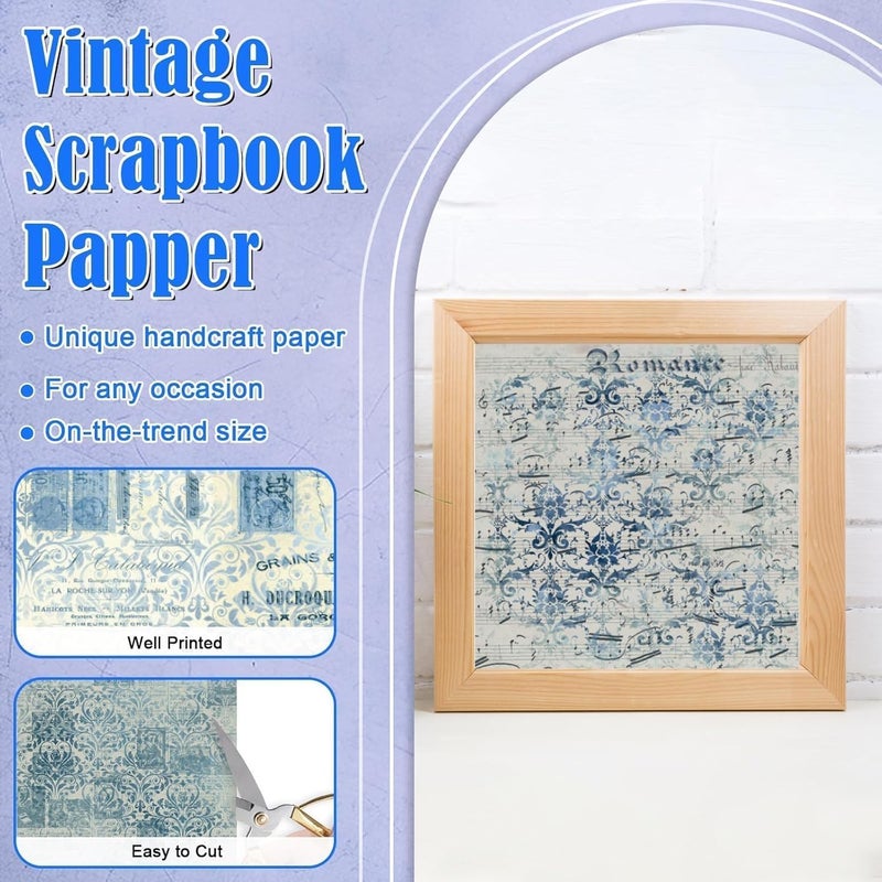 EggSun 48 Sheets Vintage Blue Floral Scrapbook Paper,Retro Blue Pattern Decorative Scrapbook Paper for Junk Journals DIY Cards and Photo Albums,Aesthetic Craft Supplies - Image 4