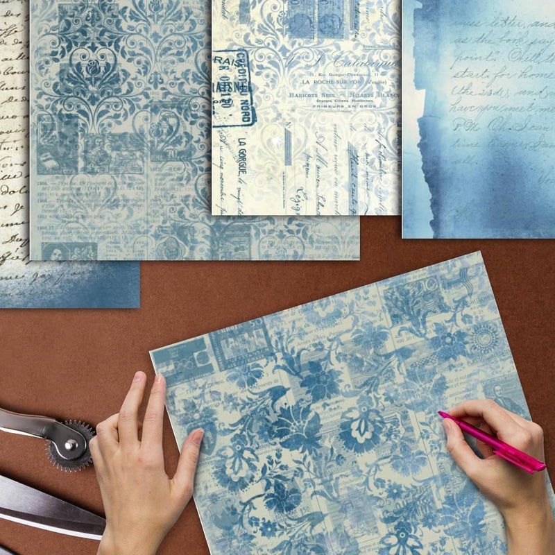 EggSun 48 Sheets Vintage Blue Floral Scrapbook Paper,Retro Blue Pattern Decorative Scrapbook Paper for Junk Journals DIY Cards and Photo Albums,Aesthetic Craft Supplies - Image 2
