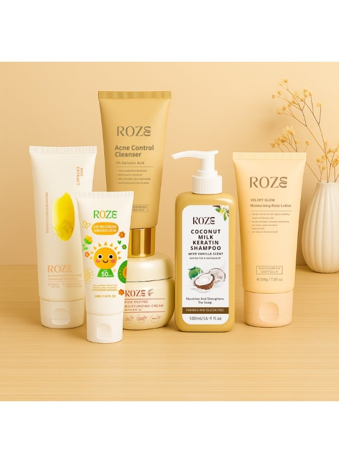Roze Mega Pack – Cleanser | Moisturizer | Shampoo | Acne Cleanser | Body Lotion | Kids Moisturizer - Image 1