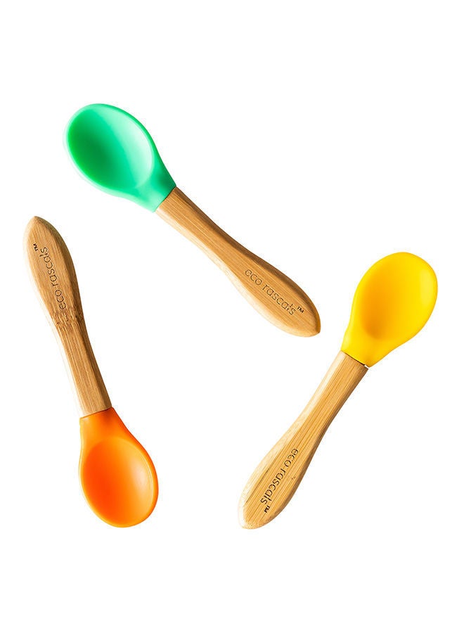 NIBEMINENT Bamboo Feeding Spoons, Pack of 3 - Green/Orange/Yellow - Image 1