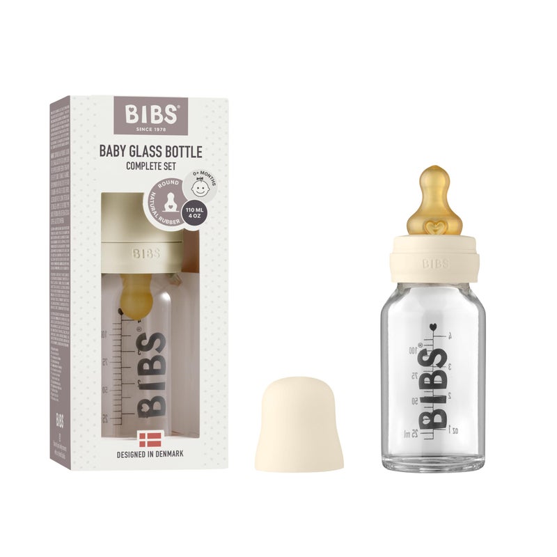 BIBS Baby Glass Bottle Complete Set 110 ml | BPA Free Natural Rubber | Made in Denmark | Ivory - Image 1